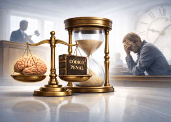 Una balanza de la justicia donde un cerebro humano (memoria) se enfrenta a un Código Penal, con el fondo de un reloj de arena desvaneciéndose.